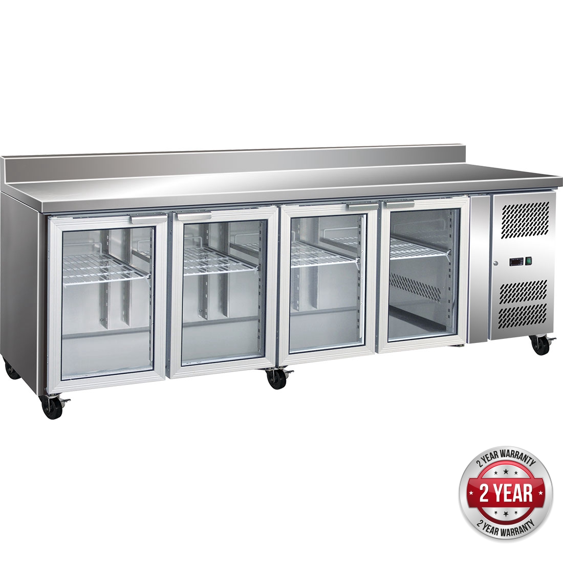 gn4200tng_1 GN4200TNG 4 Glass Door Gastronorm Bench Fridge with Splashback