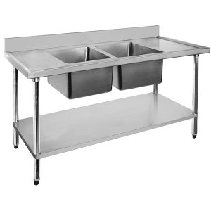 Economic 304 Grade SS Centre Double Sink Bench 2400x700x900 with two 610x400x250 sinks 2400-7-DSBC