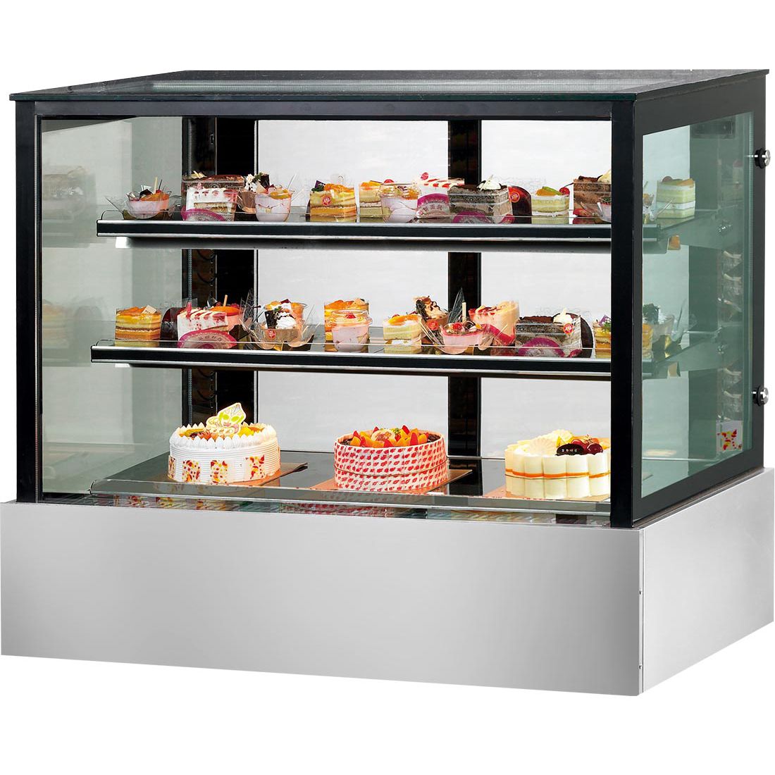 ssu120-2xb_3 SSU120-2XB Black Trim Square Glass Cake Display 2 Shelves 1200X700X1100
